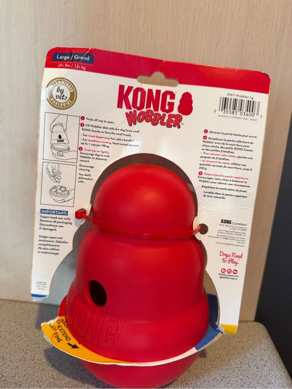 New Large Kong Wobbler Dog Treat Dispensing Toy Large 25+ lbs Twist off Top